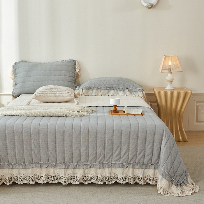 桂雅居 2025新款舒适麻棉麻蕾丝花边单床盖床盖单件 烟墨灰