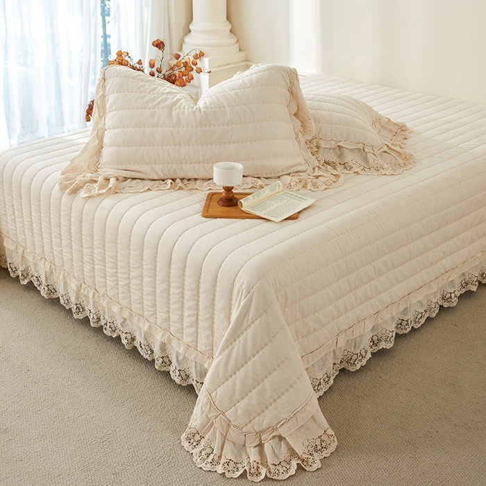 91家纺网 家纺一手货源 找家纺 桂雅居 2025新款舒适麻棉麻蕾丝花边单床盖床盖单件 麻本色