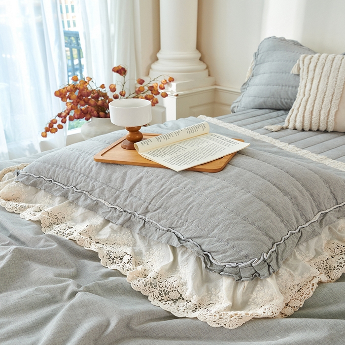 91家纺网 家纺一手货源 找家纺 桂雅居 2025新款舒适麻棉麻蕾丝花边单床盖床盖单件 烟墨灰