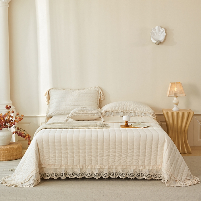 91家纺网 家纺一手货源 找家纺 桂雅居 2025新款舒适麻棉麻蕾丝花边单床盖床盖单件 麻本色