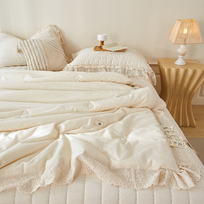 91家纺网 家纺一手货源 找家纺 桂雅居 2025新款舒适麻棉麻蕾丝花边单床盖床盖单件 麻本色