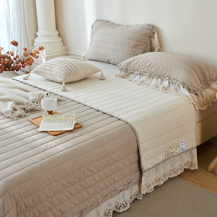 91家纺网 家纺一手货源 找家纺 桂雅居 2025新款舒适麻棉麻蕾丝花边单床盖床盖单件 栗壳色