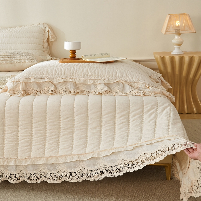 91家纺网 家纺一手货源 找家纺 桂雅居 2025新款舒适麻棉麻蕾丝花边单床盖床盖单件 麻本色