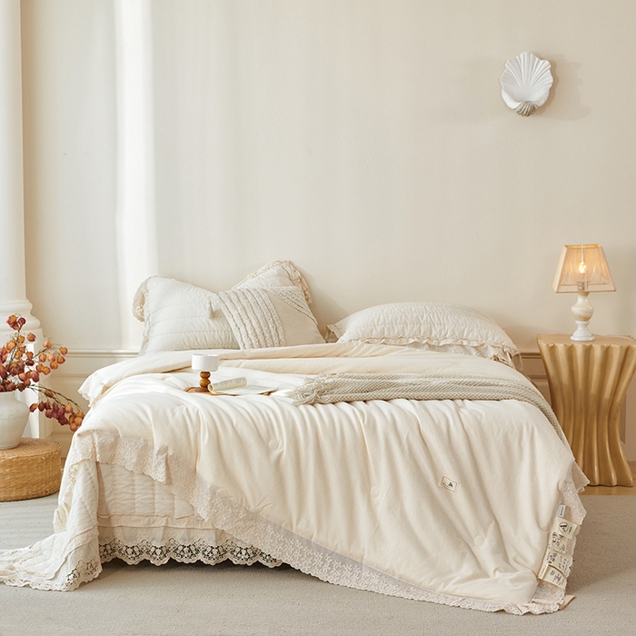 91家纺网 家纺一手货源 找家纺 桂雅居 2025新款舒适麻棉麻蕾丝花边单床盖床盖单件 麻本色
