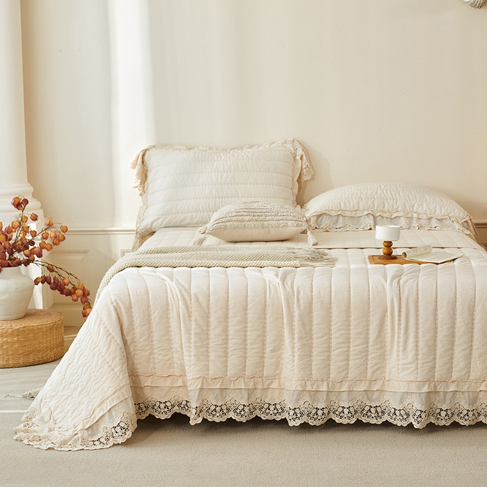 91家纺网 家纺一手货源 找家纺 桂雅居 2025新款舒适麻棉麻蕾丝花边单床盖床盖单件 麻本色