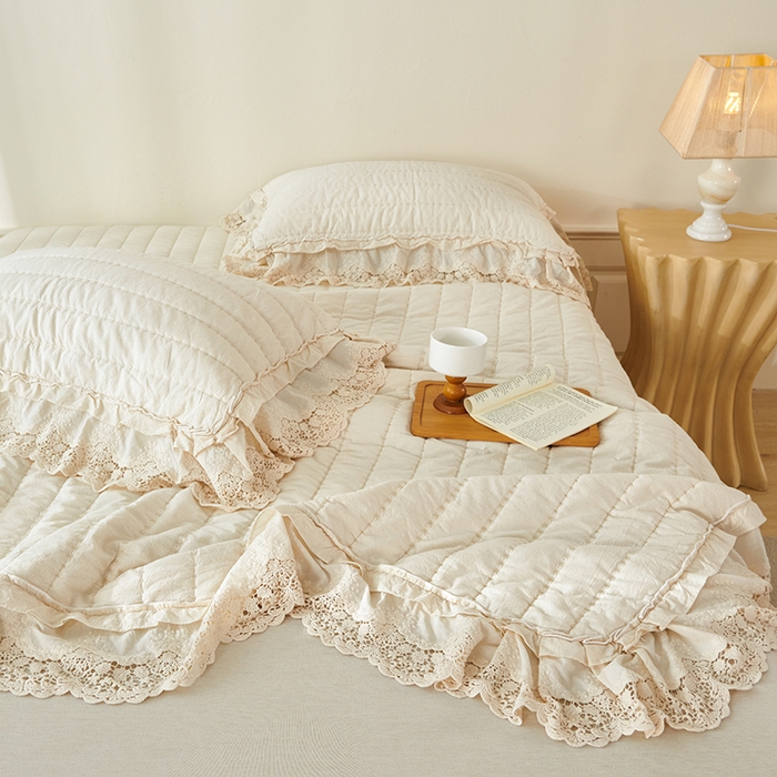 91家纺网 家纺一手货源 找家纺 桂雅居 2025新款舒适麻棉麻蕾丝花边单床盖床盖单件 麻本色