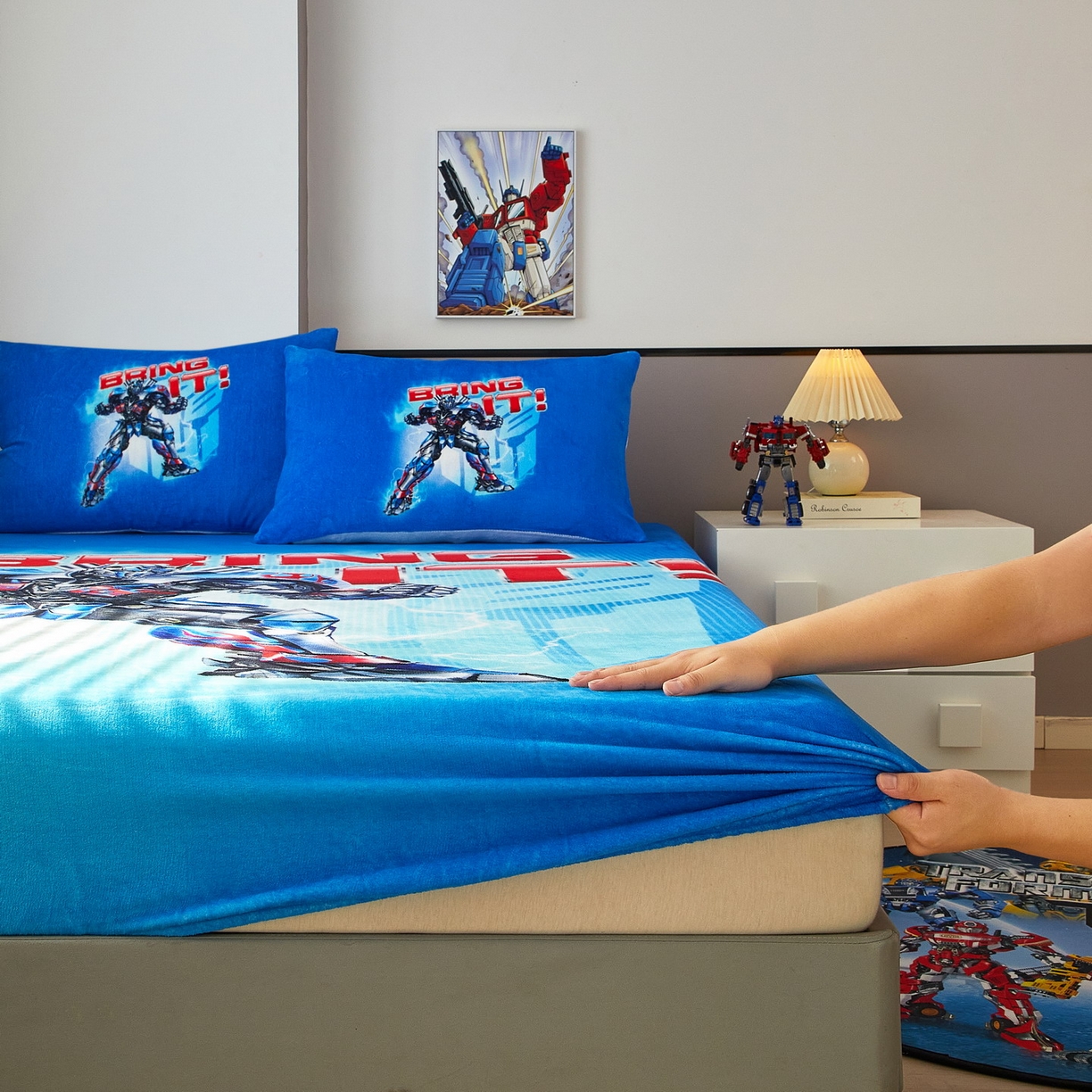 91家纺网 家纺一手货源 找家纺 蘭菲家纺 2025新款高克重亲肤保暖牛奶绒单品床笠-变形金刚 8号