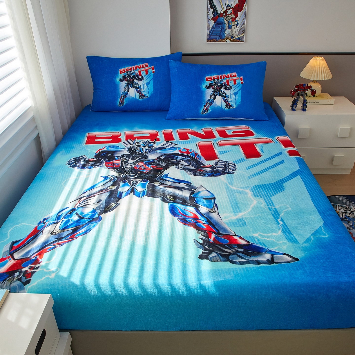 91家纺网 家纺一手货源 找家纺 蘭菲家纺 2025新款高克重亲肤保暖牛奶绒单品床笠-变形金刚 8号