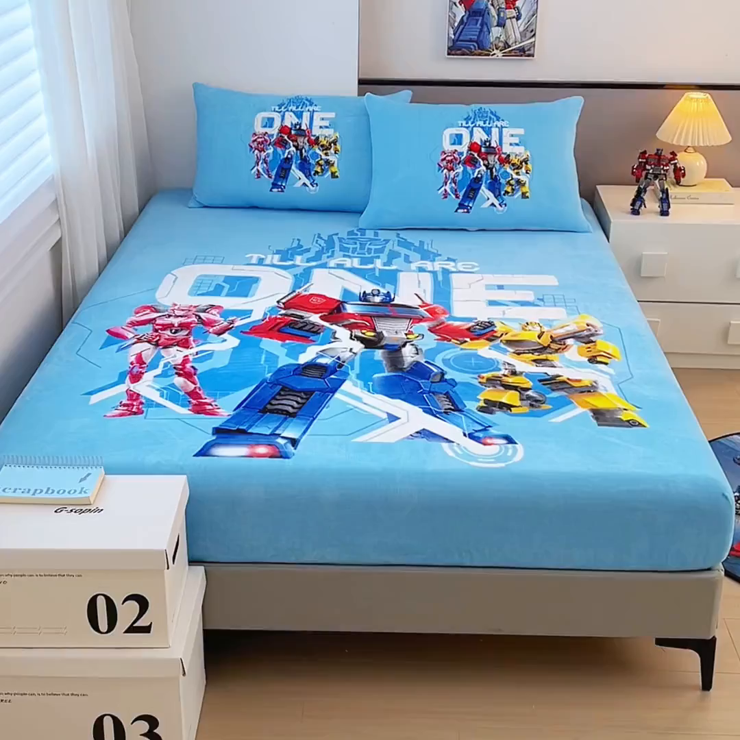 91家纺网 家纺一手货源 找家纺 （总）蘭菲家纺 2025新款高克重亲肤保暖牛奶绒单品床笠-变形金刚