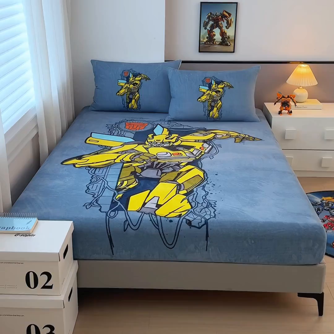 91家纺网 家纺一手货源 找家纺 蘭菲家纺 2025新款高克重亲肤保暖牛奶绒单品床笠-变形金刚 3号