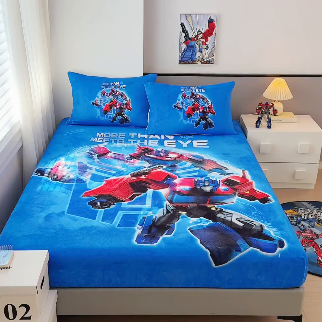 91家纺网 家纺一手货源 找家纺 蘭菲家纺 2025新款高克重亲肤保暖牛奶绒单品床笠-变形金刚 14号