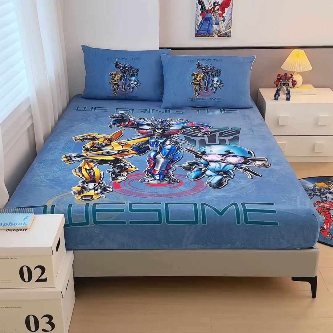 91家纺网 家纺一手货源 找家纺 蘭菲家纺 2025新款高克重亲肤保暖牛奶绒单品床笠-变形金刚 2号