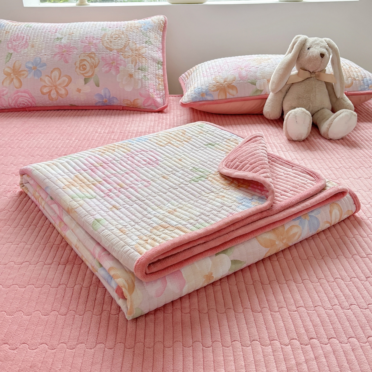 91家纺网 家纺一手货源 找家纺 金艾草 2025新款一面绒一面棉榻榻米大炕盖单件棉加绒床盖三件套A版全棉印花B版加厚牛奶绒 （提供买家秀） 兰香语-粉色