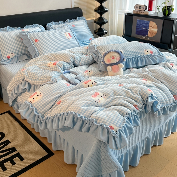 富米莱（原臻工厂） 2025新款热卖舒适大宽花边牛奶绒床盖床裙四件套爆款大花边一k t猫蓝