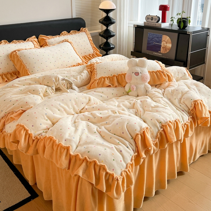 富米莱（原臻工厂） 2025新款热卖舒适大宽花边牛奶绒床盖床裙四件套爆款大花边一幸运波点