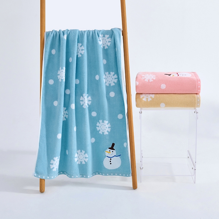 棠薇家纺 2025新款全棉股纱毛巾浴巾套巾绣花纯棉浴巾毛巾卡通成人儿童学生 浴巾-雪人兰 浴巾140*70