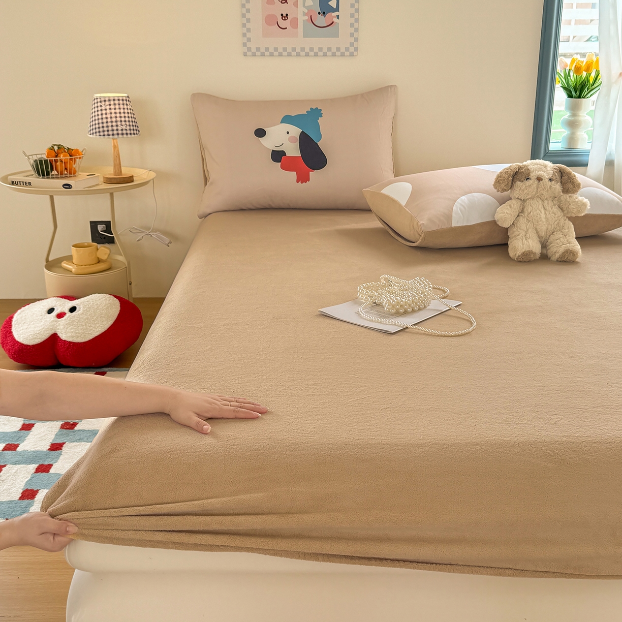 十一家居 2025新款A类原创设计大版印花恒温保暖牛奶绒床笠套件 暖冬狗狗