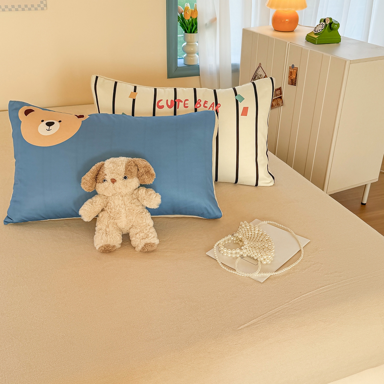 91家纺网 家纺一手货源 找家纺 十一家居 2025新款A类原创设计大版印花恒温保暖牛奶绒床笠套件 安睡小熊