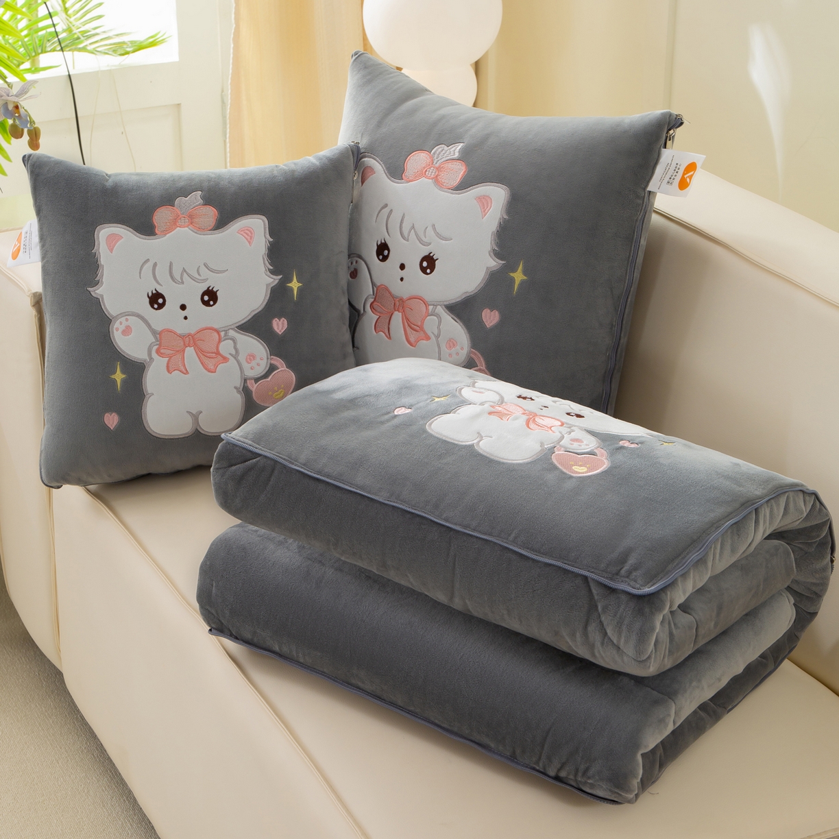 多今家纺 2025新款加厚婴儿绒贴布刺绣抱枕被子-米多多系列 米多多-深灰