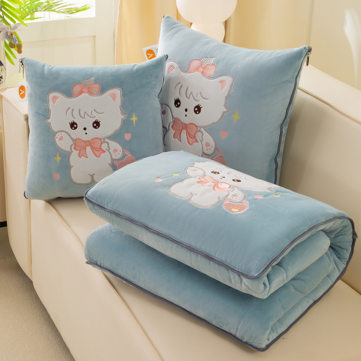 多今家纺 2025新款加厚婴儿绒贴布刺绣抱枕被子-米多多系列 米多多-星郎蓝