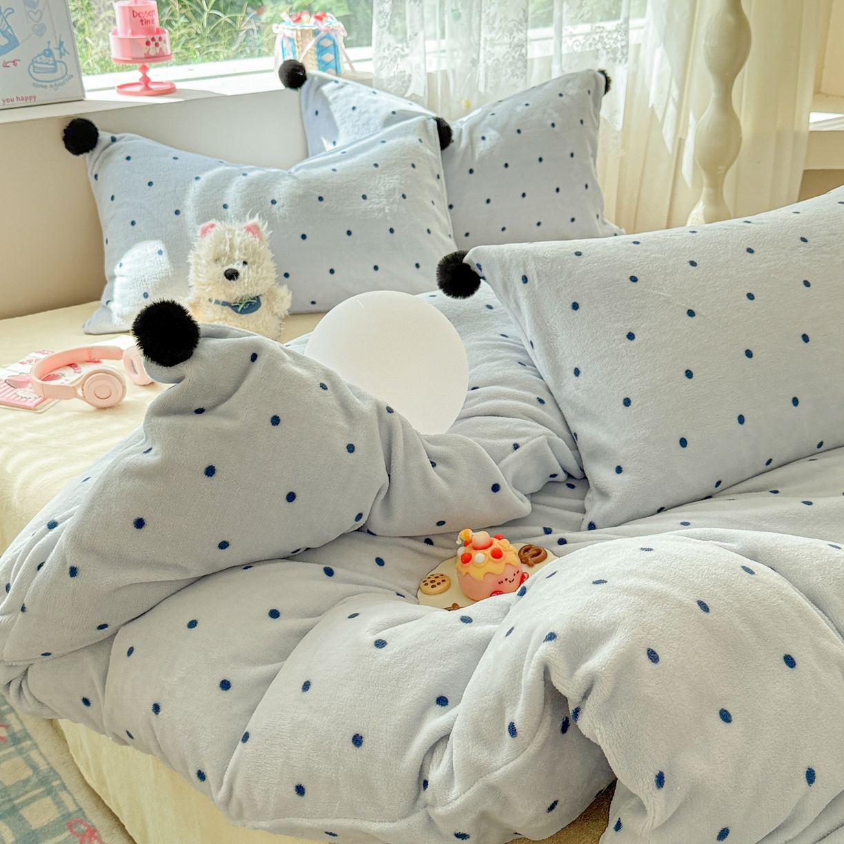 91家纺网 家纺一手货源 找家纺 米可 2025秋冬新品混搭波点高克重牛奶绒毛球款单被套 波点-蓝