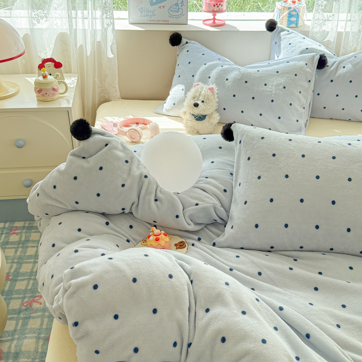 91家纺网 家纺一手货源 找家纺 米可 2025秋冬新品混搭波点高克重牛奶绒毛球款单被套 波点-蓝