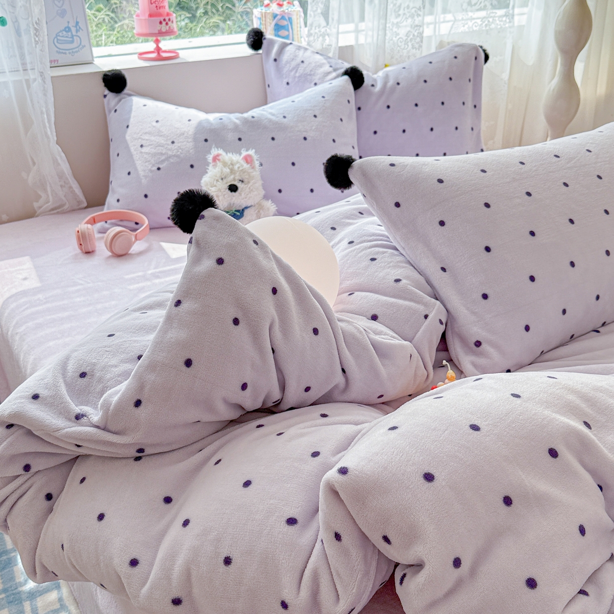 91家纺网 家纺一手货源 找家纺 米可 2025秋冬新品混搭波点高克重牛奶绒毛球款单被套 波点-紫