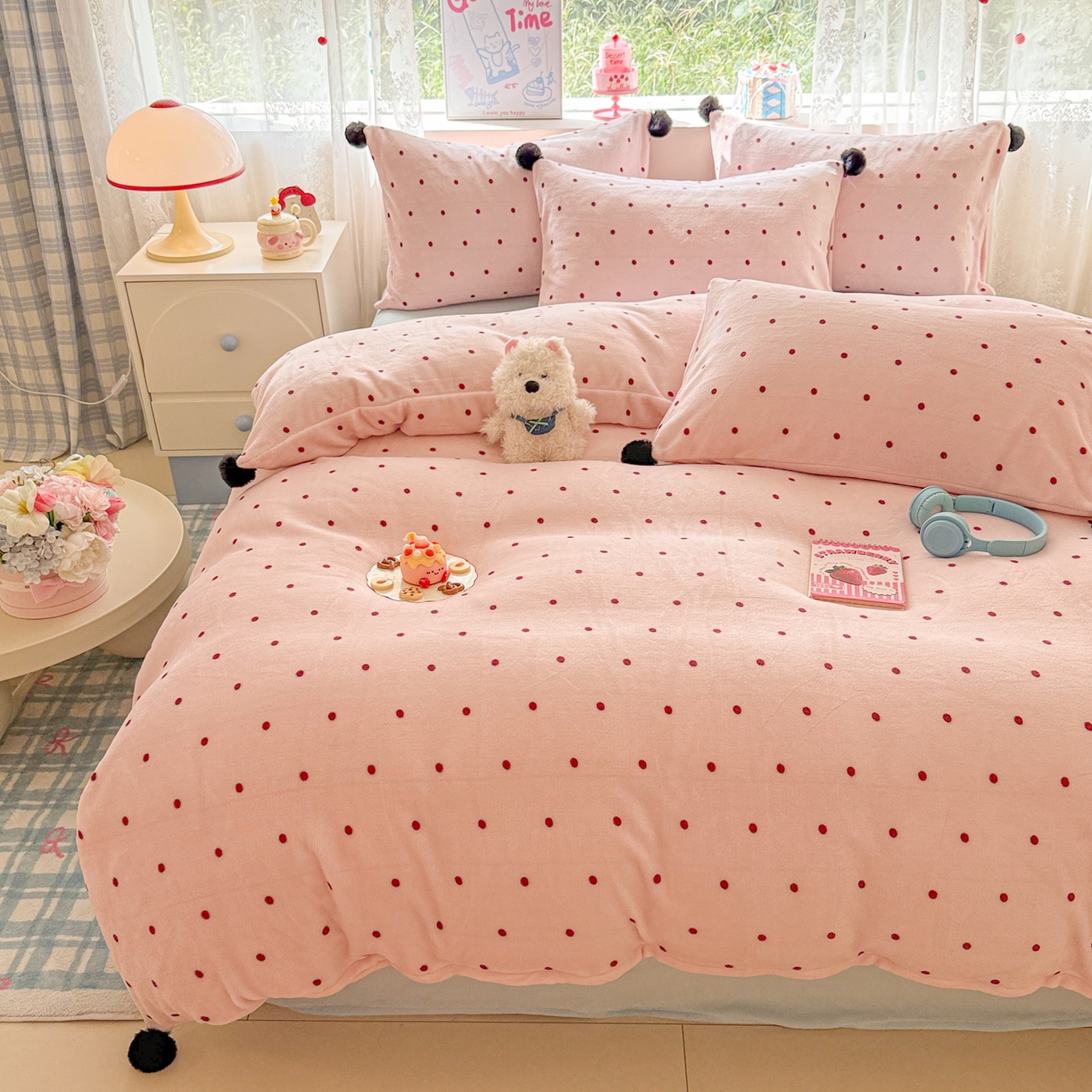 91家纺网 家纺一手货源 找家纺 米可 2025秋冬新品混搭波点高克重牛奶绒毛球款单被套 波点-粉