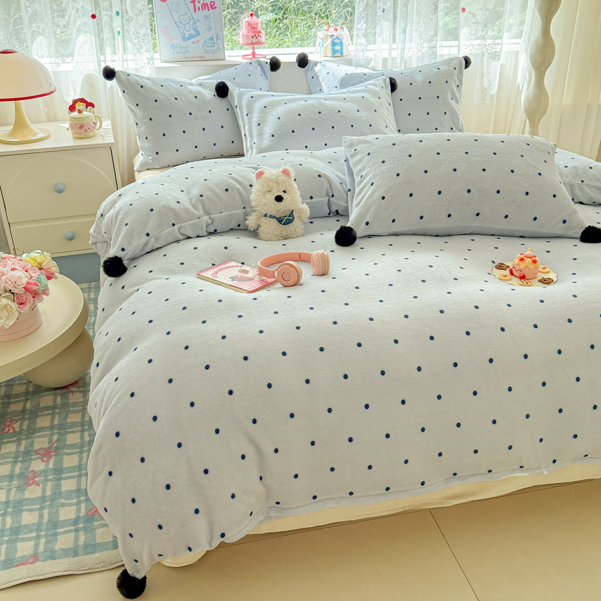 91家纺网 家纺一手货源 找家纺 米可 2025秋冬新品混搭波点高克重牛奶绒毛球款单被套 波点-蓝