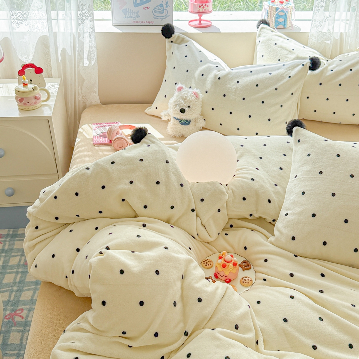 91家纺网 家纺一手货源 找家纺 米可 2025秋冬新品混搭波点高克重牛奶绒毛球款单被套 波点-奶白