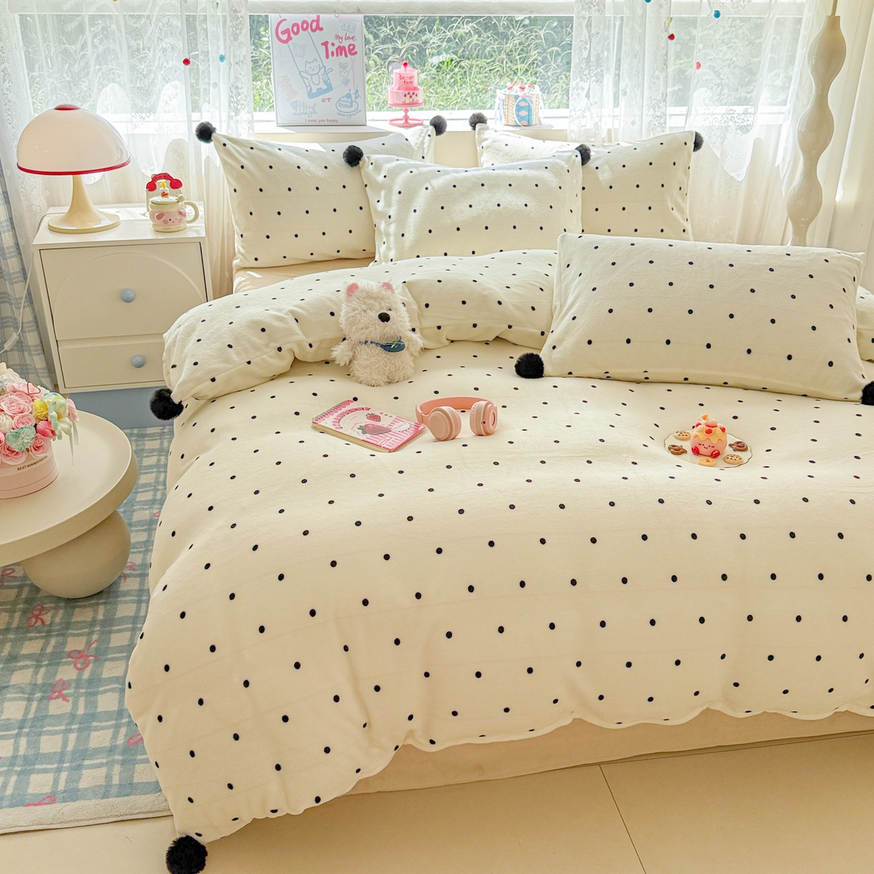 91家纺网 家纺一手货源 找家纺 米可 2025秋冬新品混搭波点高克重牛奶绒毛球款单被套 波点-奶白