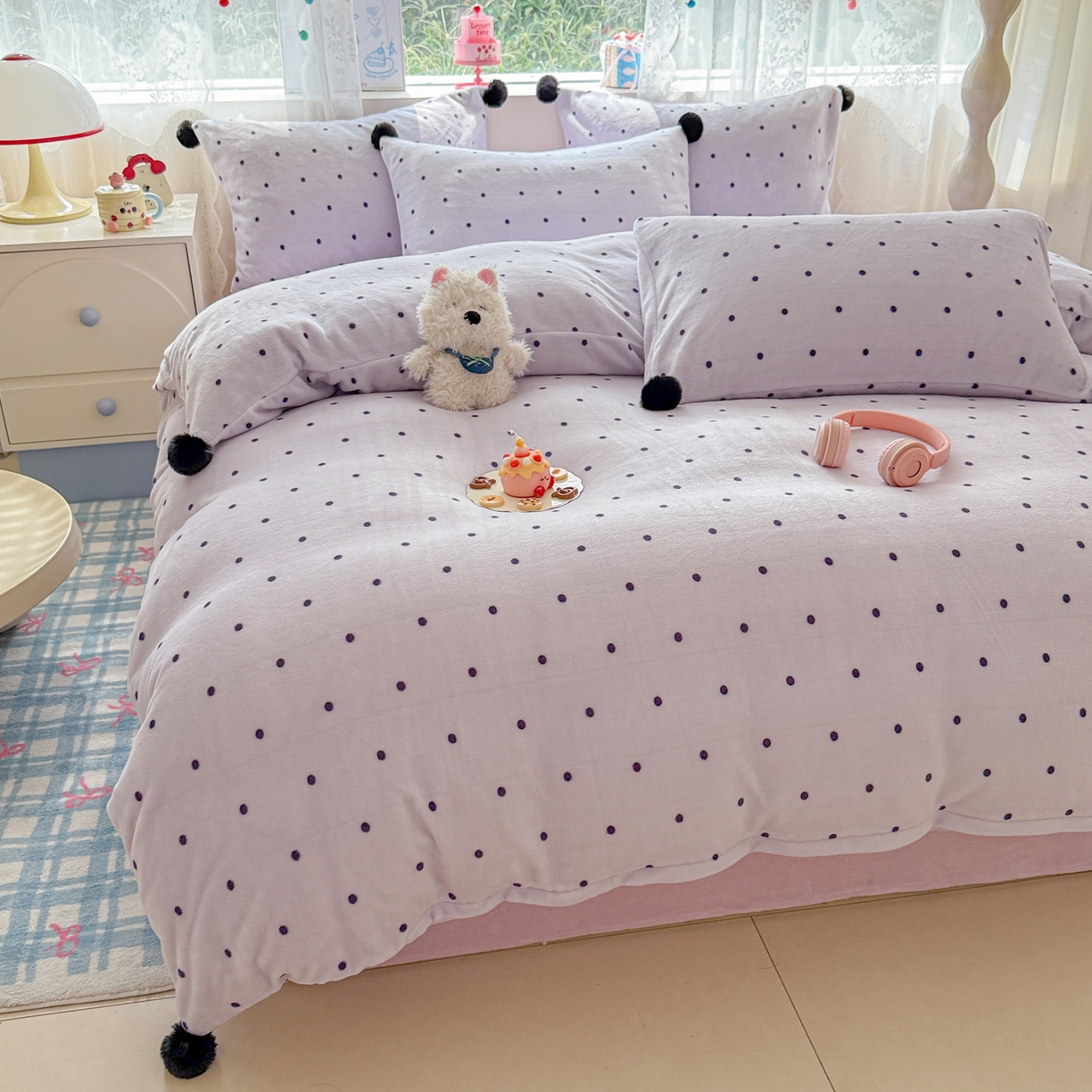 91家纺网 家纺一手货源 找家纺 米可 2025秋冬新品混搭波点高克重牛奶绒毛球款单被套 波点-紫