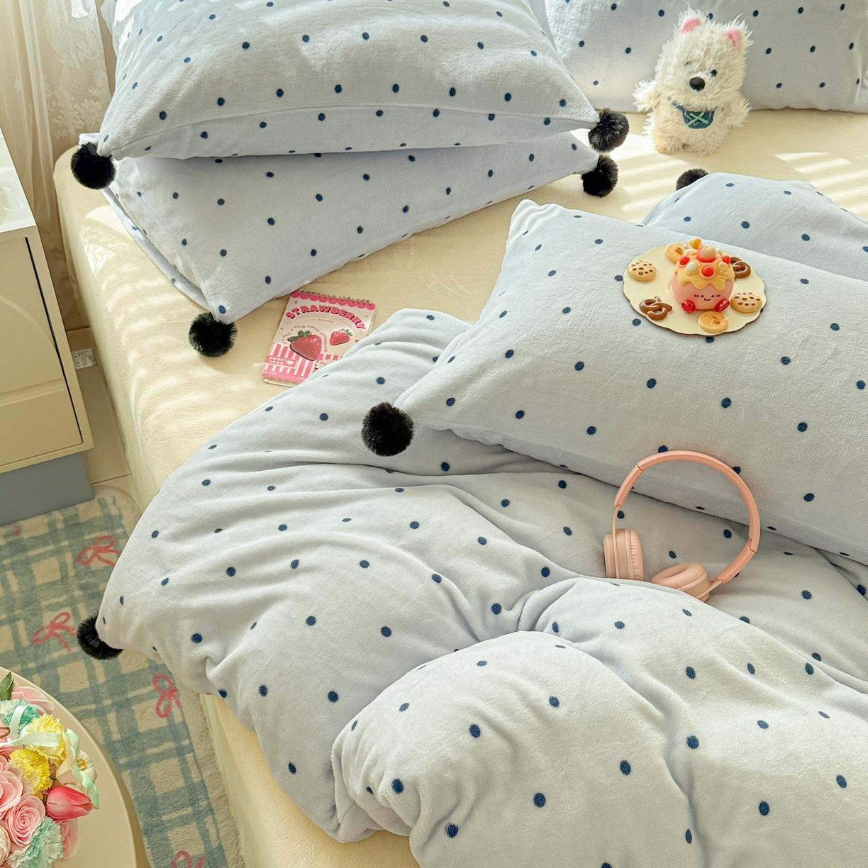 91家纺网 家纺一手货源 找家纺 米可 2025秋冬新品混搭波点高克重牛奶绒毛球款单被套 波点-蓝