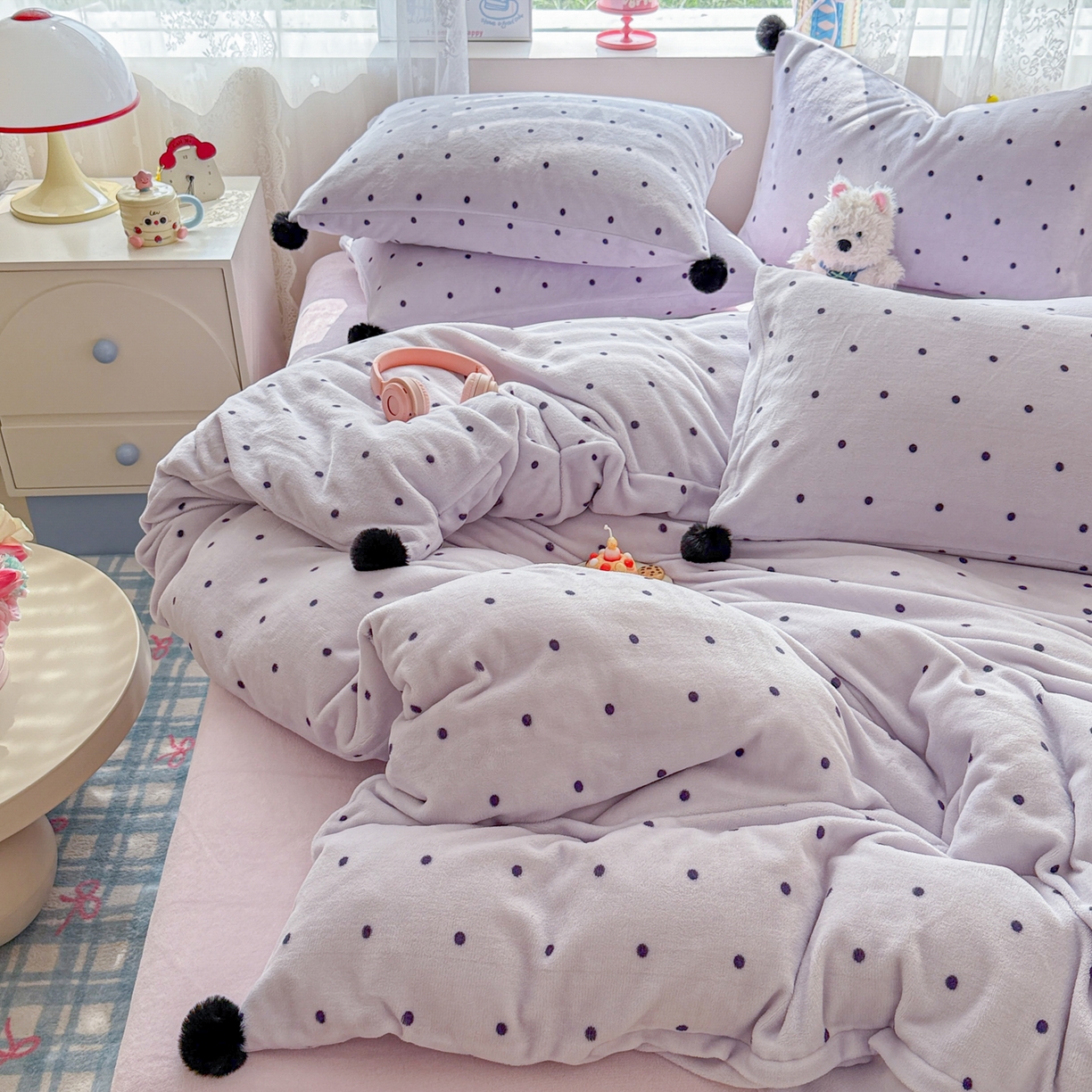 91家纺网 家纺一手货源 找家纺 米可 2025秋冬新品混搭波点高克重牛奶绒毛球款单被套 波点-紫