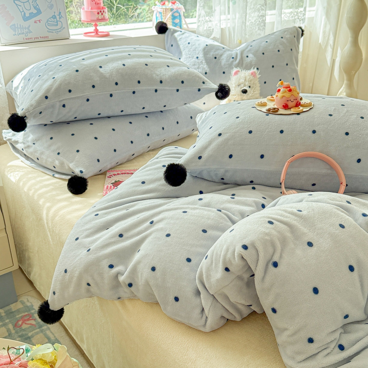 91家纺网 家纺一手货源 找家纺 米可 2025秋冬新品混搭波点高克重牛奶绒毛球款单被套 波点-蓝