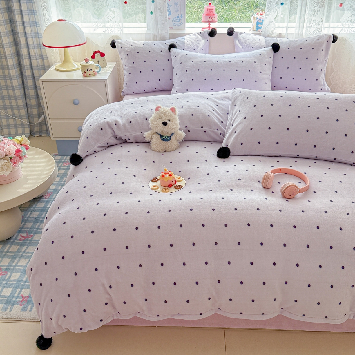 91家纺网 家纺一手货源 找家纺 米可 2025秋冬新品混搭波点高克重牛奶绒毛球款单被套 波点-紫