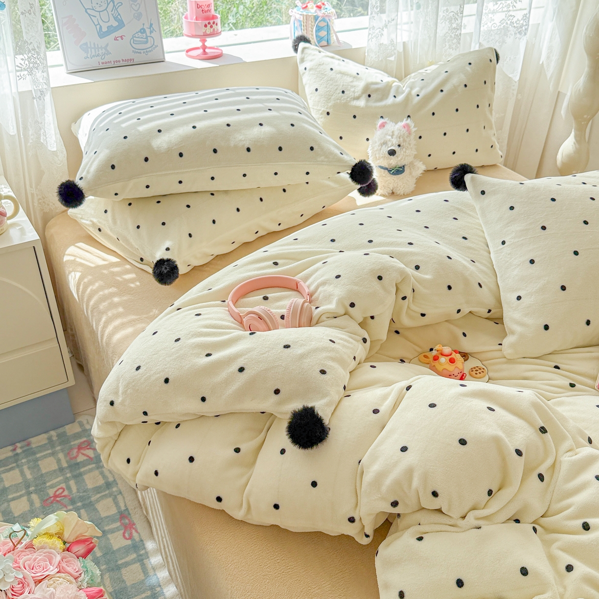 91家纺网 家纺一手货源 找家纺 米可 2025秋冬新品混搭波点高克重牛奶绒毛球款单被套 波点-奶白