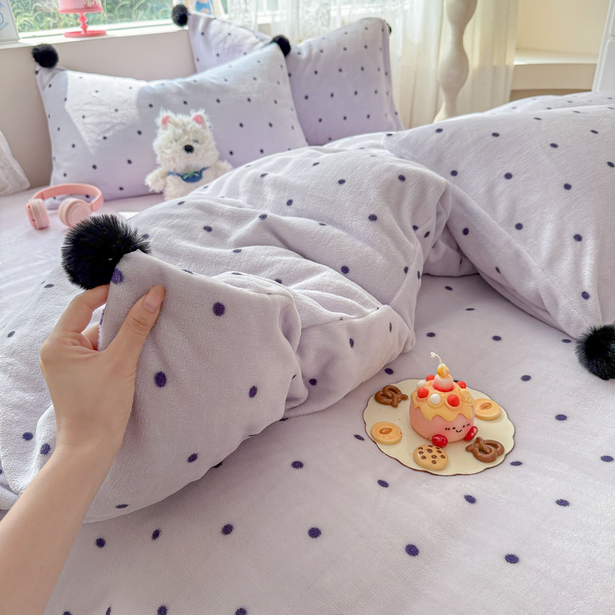 91家纺网 家纺一手货源 找家纺 米可 2025秋冬新品混搭波点高克重牛奶绒毛球款单被套 波点-紫