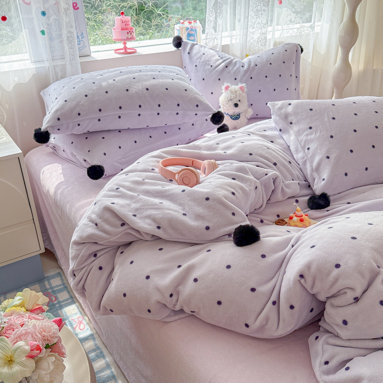 91家纺网 家纺一手货源 找家纺 米可 2025秋冬新品混搭波点高克重牛奶绒毛球款单被套 波点-紫