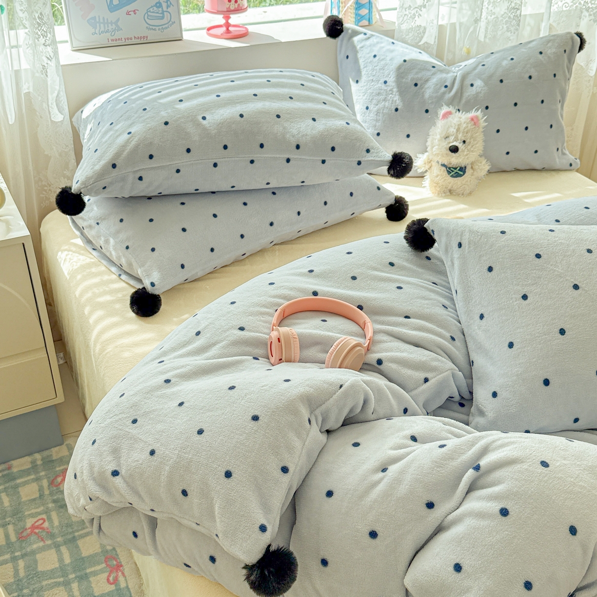 91家纺网 家纺一手货源 找家纺 米可 2025秋冬新品混搭波点高克重牛奶绒毛球款单被套 波点-蓝