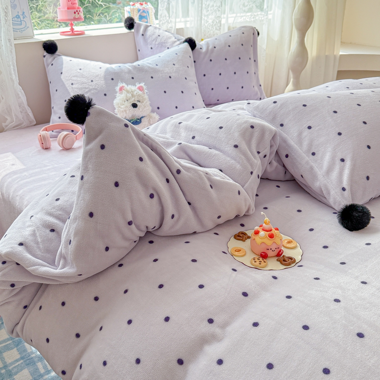 91家纺网 家纺一手货源 找家纺 米可 2025秋冬新品混搭波点高克重牛奶绒毛球款单被套 波点-紫