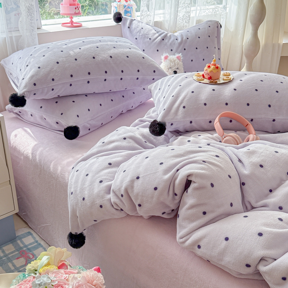 91家纺网 家纺一手货源 找家纺 米可 2025秋冬新品混搭波点高克重牛奶绒毛球款单被套 波点-紫