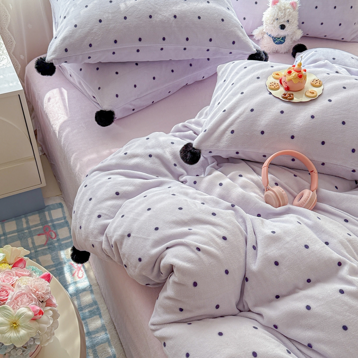91家纺网 家纺一手货源 找家纺 米可 2025秋冬新品混搭波点高克重牛奶绒毛球款单被套 波点-紫