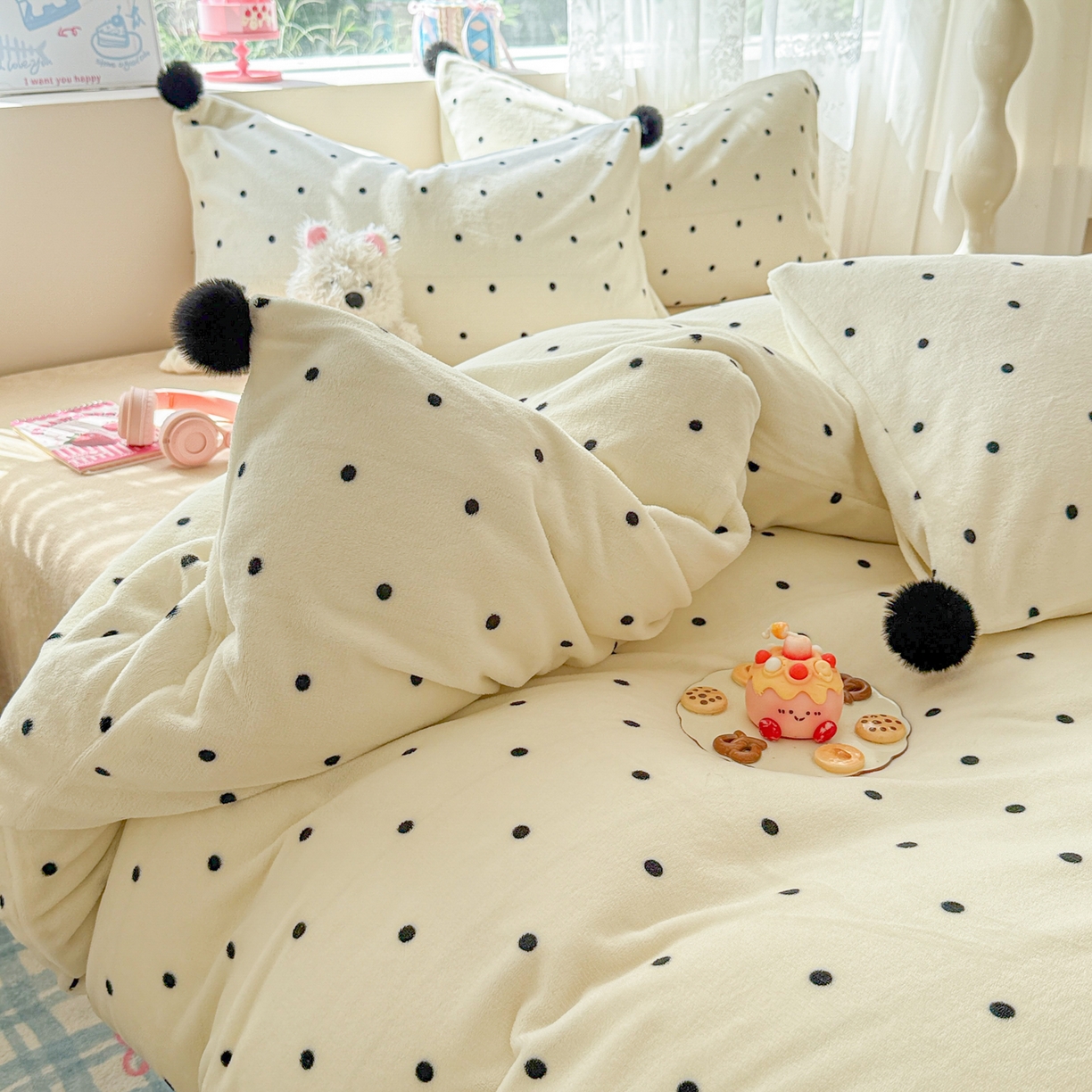 91家纺网 家纺一手货源 找家纺 米可 2025秋冬新品混搭波点高克重牛奶绒毛球款单被套 波点-奶白