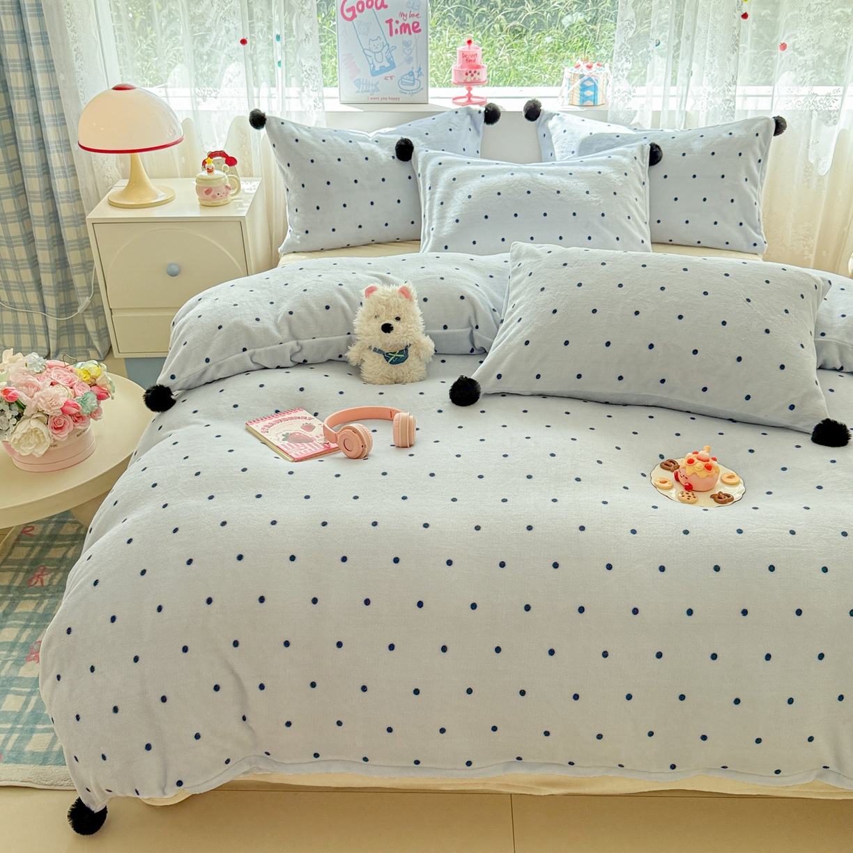 米可 2025秋冬新品混搭波点高克重牛奶绒毛球款单被套 波点-蓝
