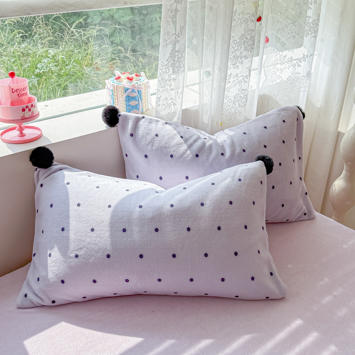 米可 2025秋冬新品混搭波点高克重牛奶绒毛球款单枕套 紫色