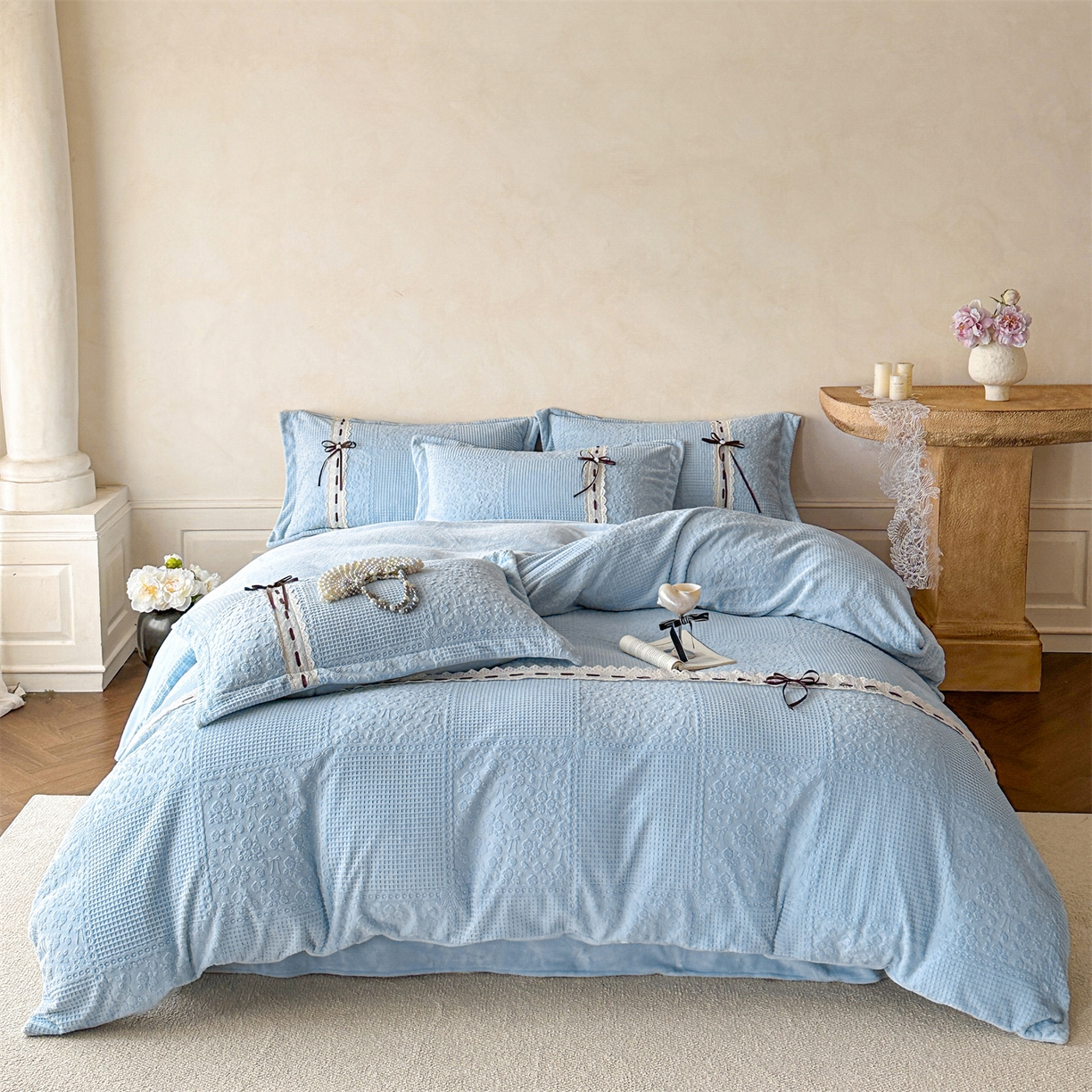 91家纺网 家纺一手货源 找家纺 慕木家纺 2025新款高端雕花公主风蝴蝶结工艺款四件套绿野仙踪系列（直播热款）提供买家秀 绿野仙踪-月光蓝