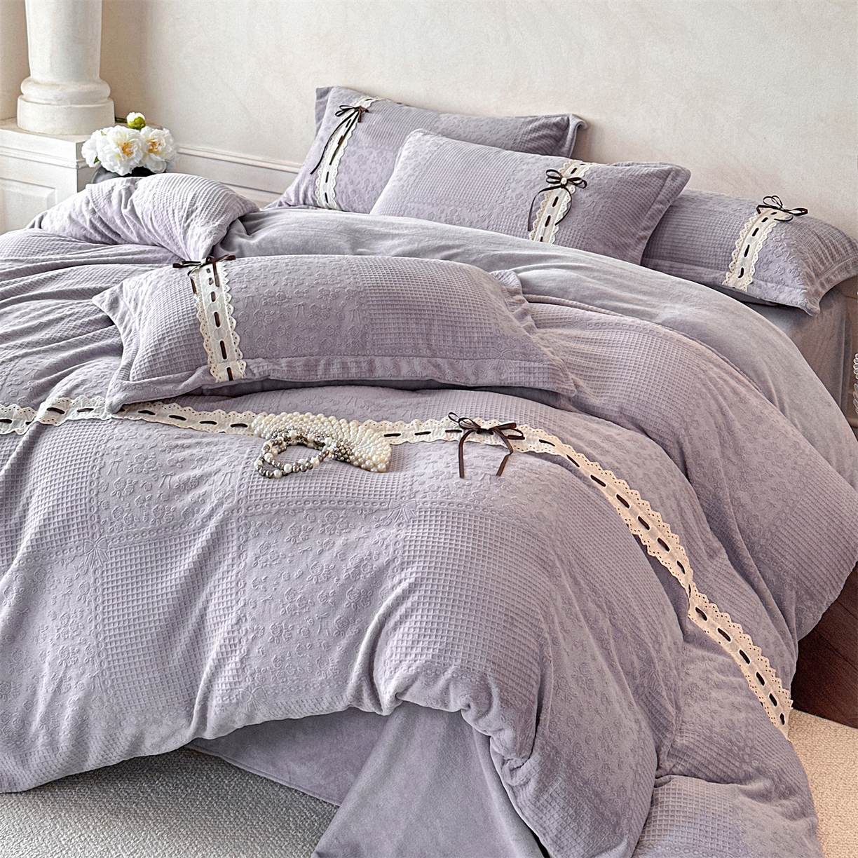 慕木家纺 2025新款高端雕花公主风蝴蝶结工艺款四件套绿野仙踪系列（直播热款）提供买家秀 绿野仙踪-烟紫