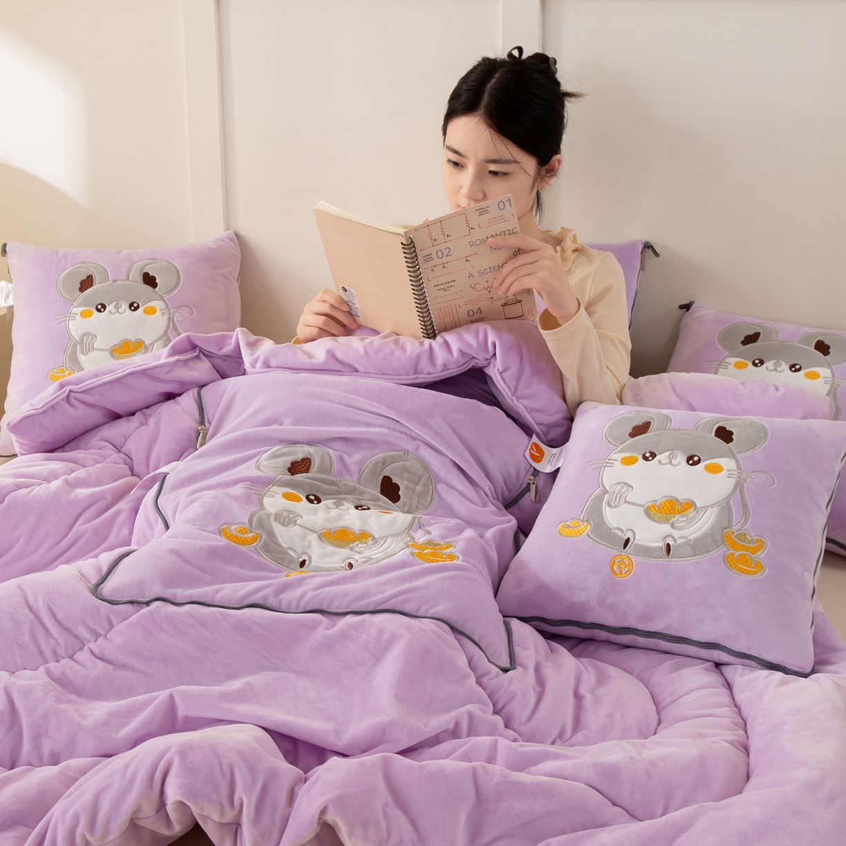 91家纺网 家纺一手货源 找家纺 （总）多今家纺 2025新款加厚婴儿绒贴布刺绣抱枕被子-鼠我有钱系列