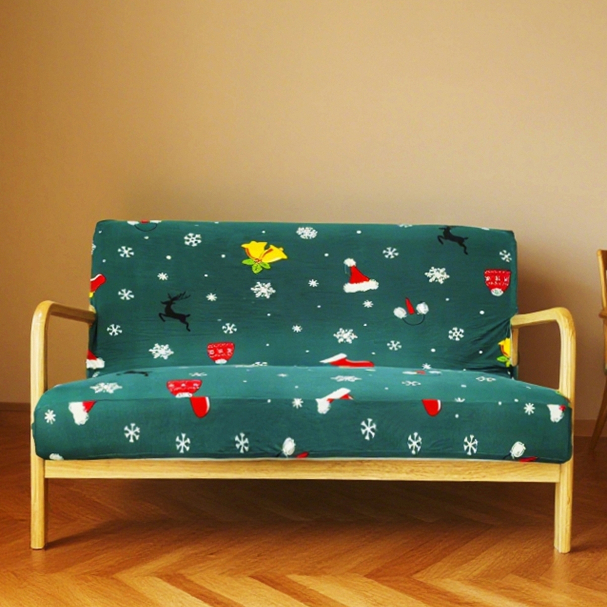 91家纺网 家纺一手货源 找家纺 壹零特色家纺 2025新款印花款实木多人沙发椅套 快乐圣诞-绿